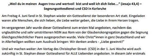 Karlsruhe, Citykirchenarbeit, Segnungsgottesdienst, CSD, Liebende